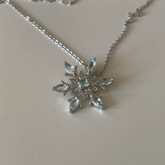 Silver Dainty Snowflake Necklace with light Blue Crystals - Picture 2 of 7